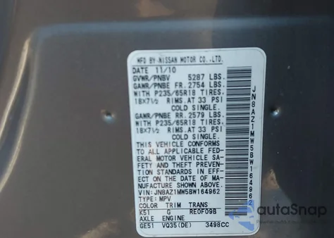 2011 Nissan Murano S z USA, uszkodzony, nr VIN JN8AZ1MW5BW164962